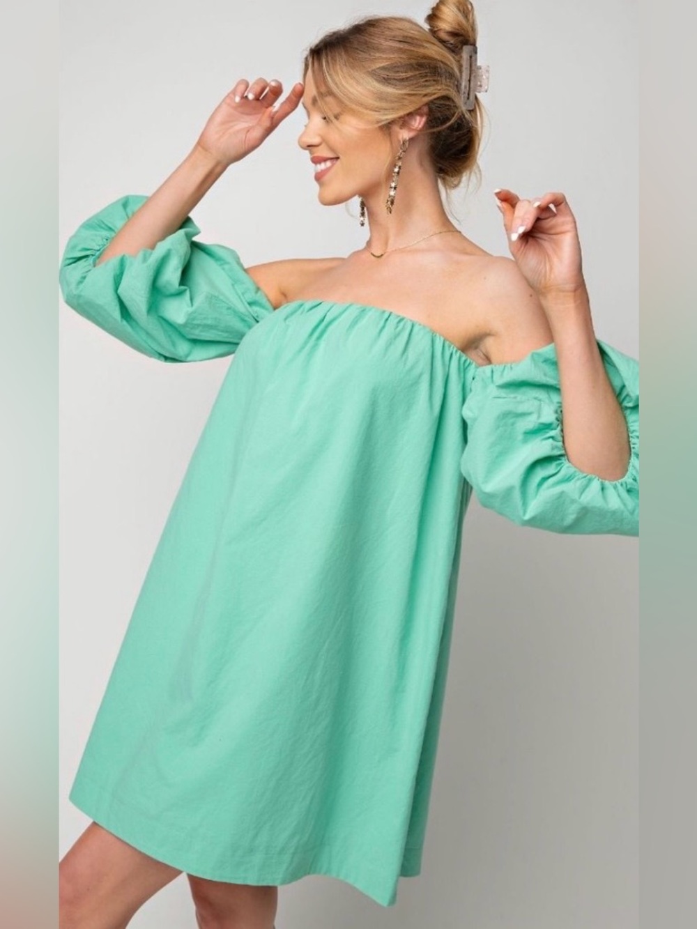 NEW! EASEL WASHED CHALLIE OFF SHOULDER DRESS in Pistachio